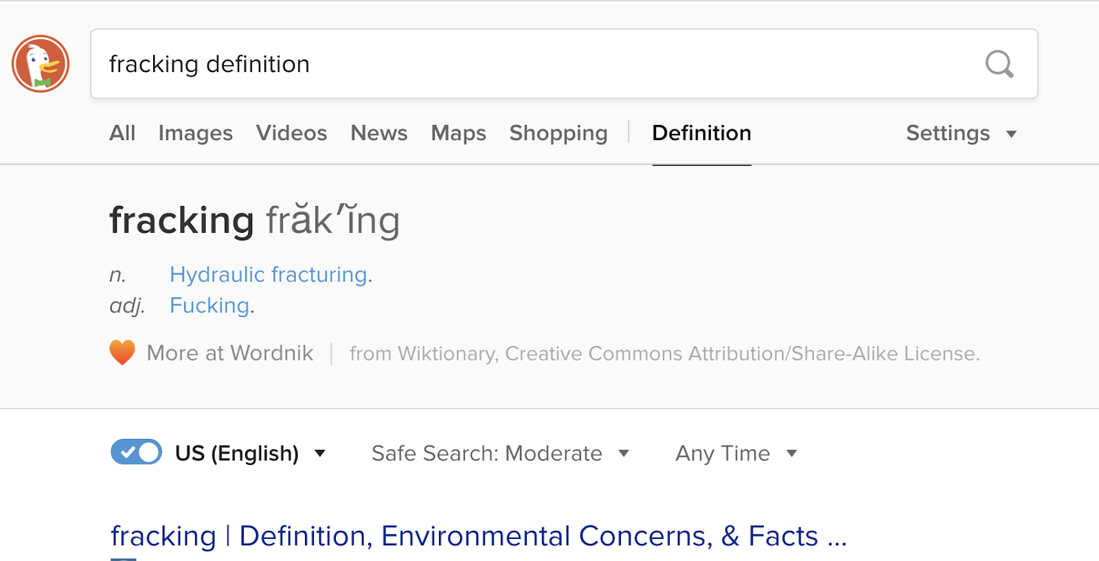 Dictionary definition of the term fracking as "Hydraulic fracturing" and "Fucking"